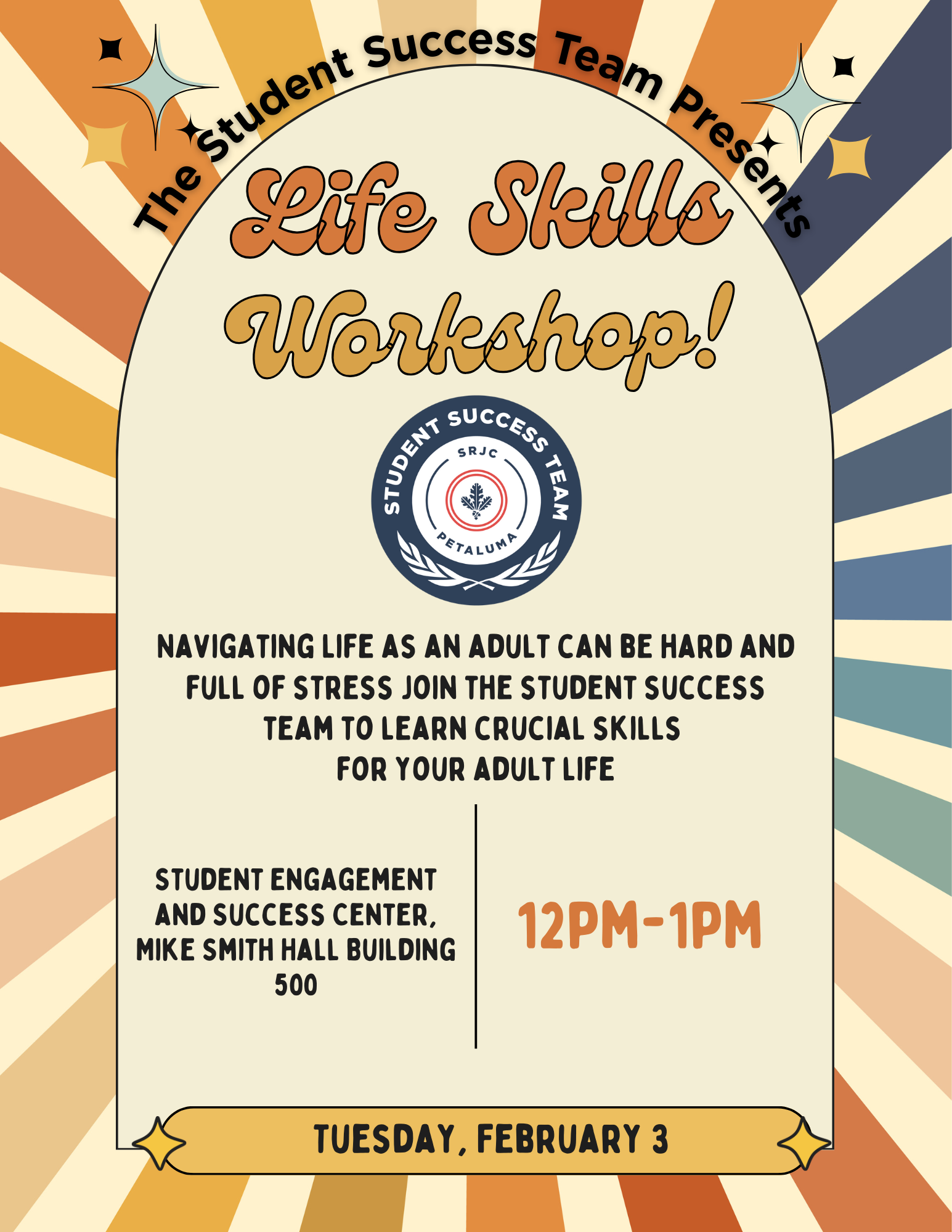 Life skills workshop Tuesday, Feb 3 12-1pm Student Engagement and Success Center, Mike Smith Hall Building 500