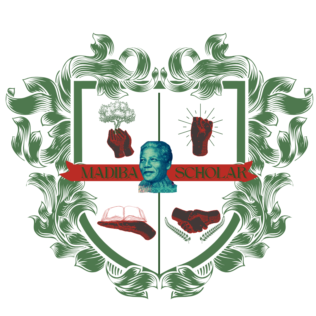 Madiba logo contains a headshot of Nelson Mandela in the middle with the words MADIBA to the left and Scholar to the right. The right corner has two hands with a tree, the right corner a fist, the bottom left has a hand holding a book, and bottom right has hands shaking. 