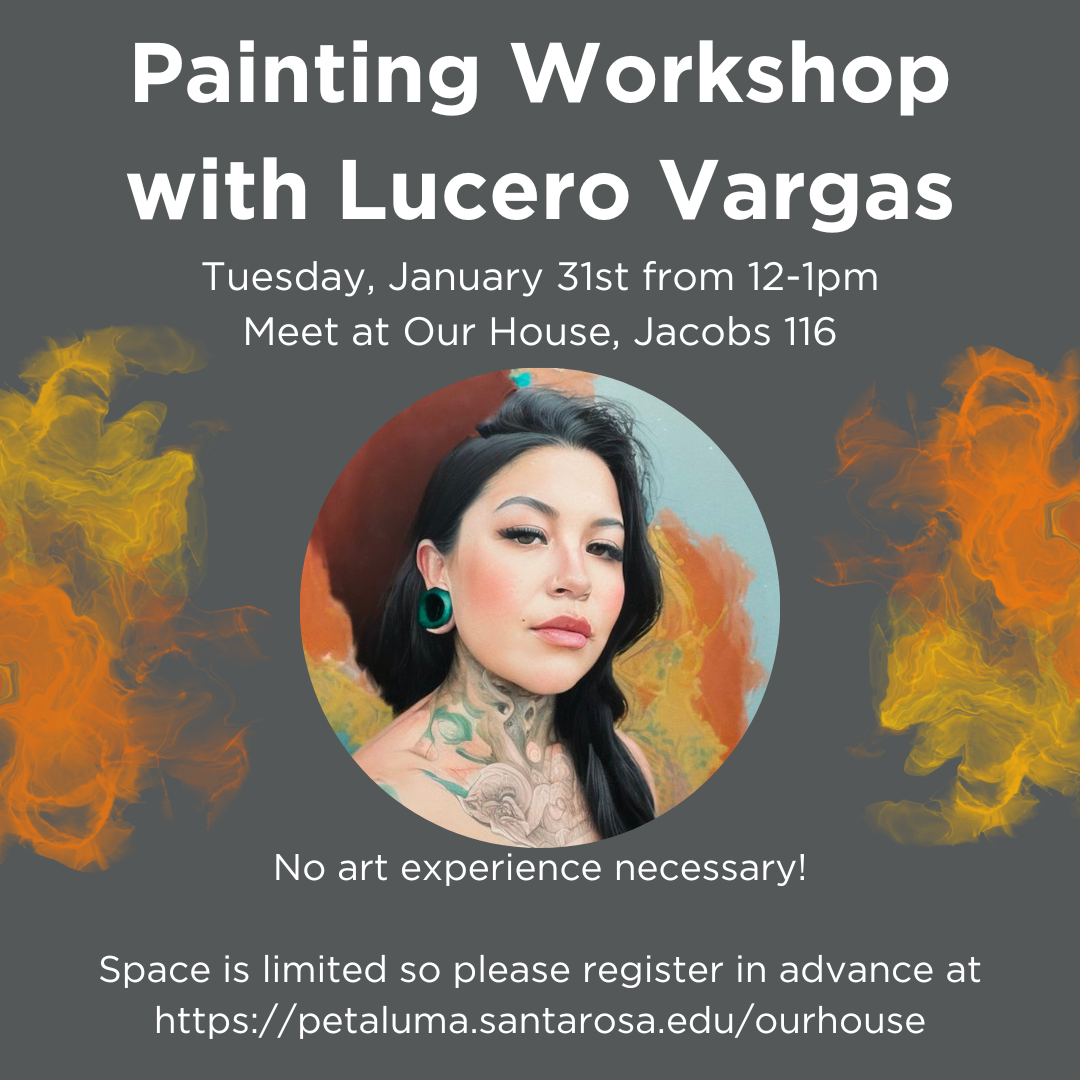 Flyer for paint workshop, grey background with white text, surrounded by yellow and orange water color.